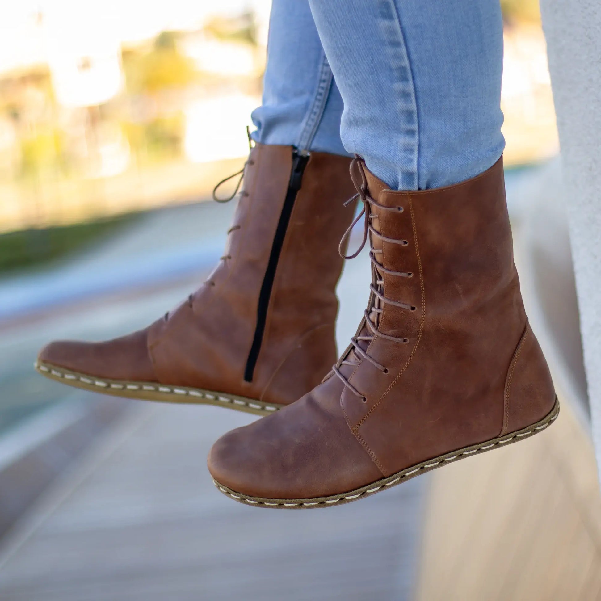 handmade barefoot lace up leather boots crazy new brown men