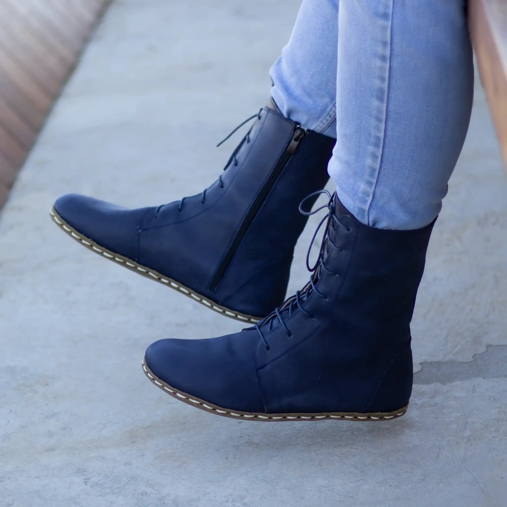 handmade barefoot lace up leather boots navy blue men