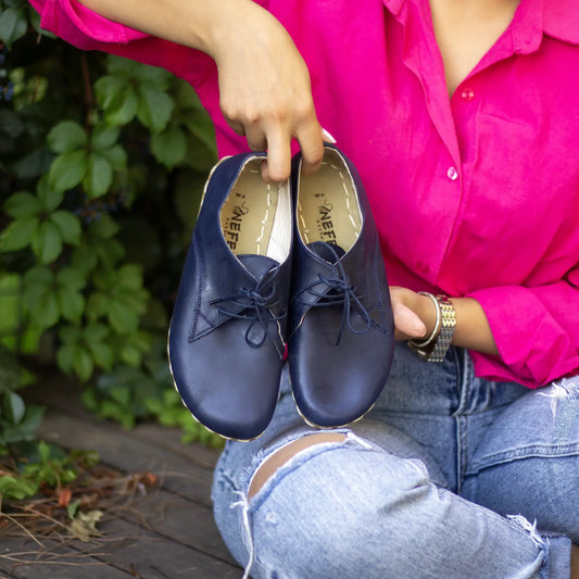 handmade barefoot leather shoes navy blue for women