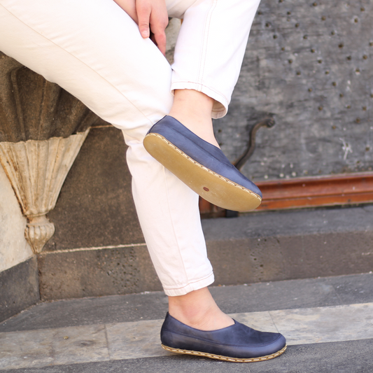 Handmade Barefoot Loafers for Women Navy Blue-Women Loafers-Nefes Shoes-4-Nefes Shoes