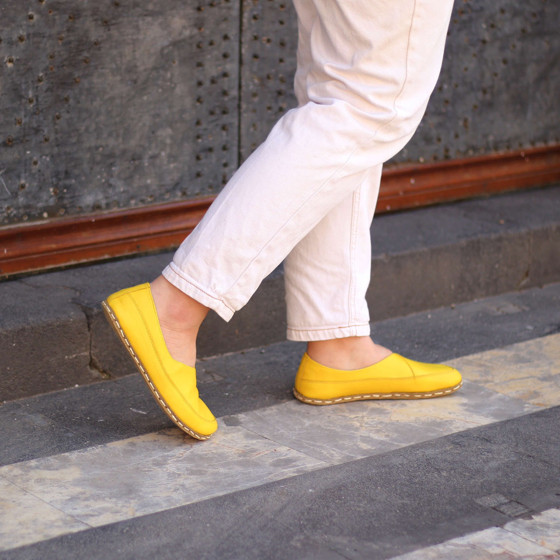 Handmade Barefoot Loafers for Women Yellow-Women Loafers-Nefes Shoes-4-Nefes Shoes