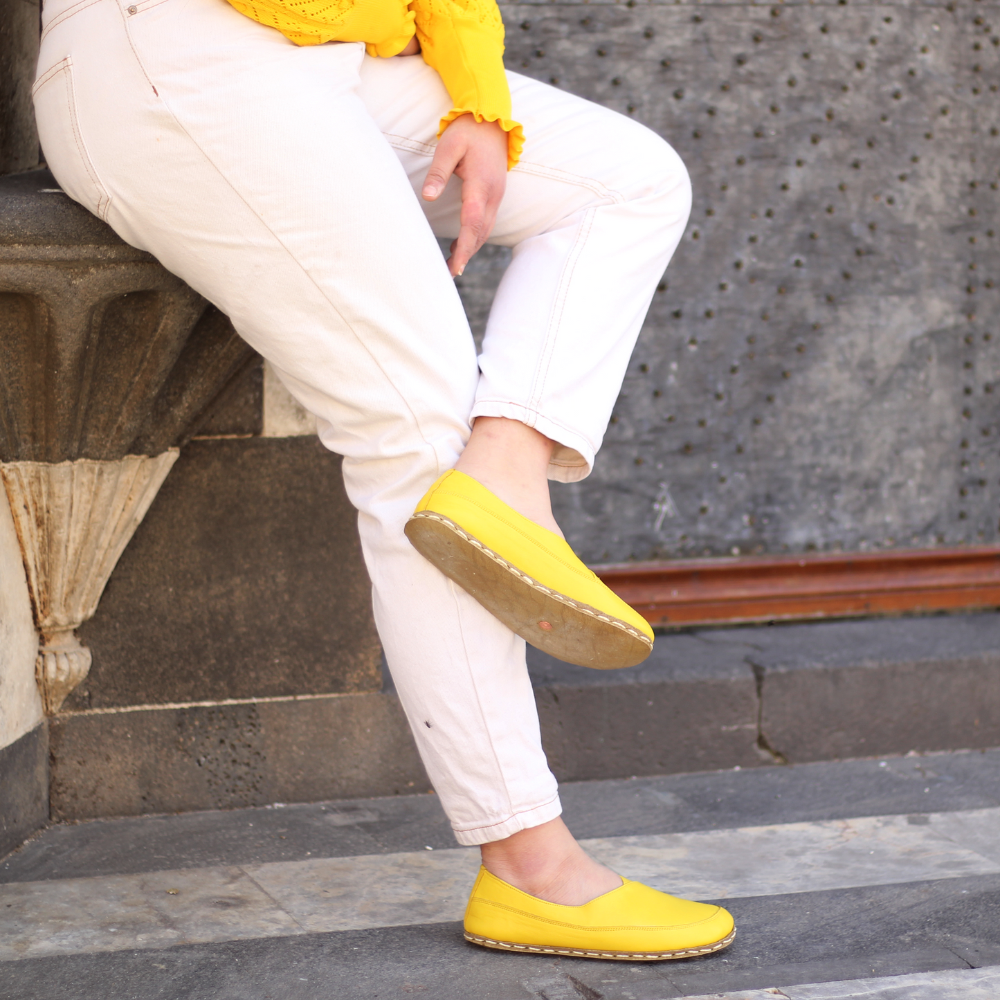 Handmade Barefoot Loafers for Women Yellow-Women Loafers-Nefes Shoes-4-Nefes Shoes