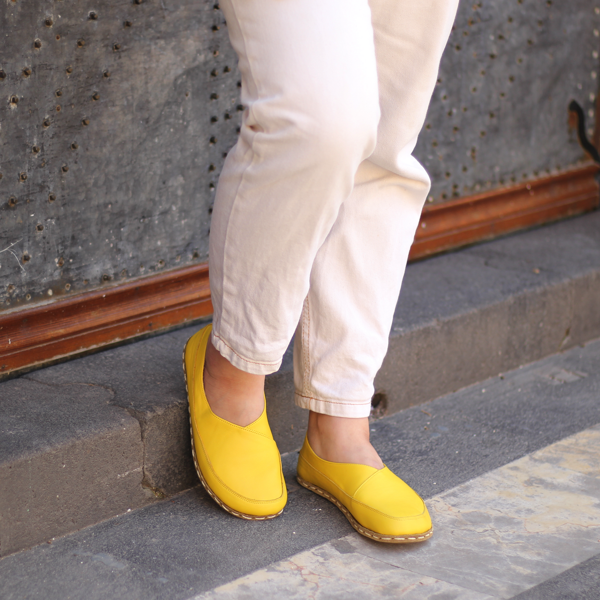 Handmade Barefoot Loafers for Women Yellow-Women Loafers-Nefes Shoes-4-Nefes Shoes