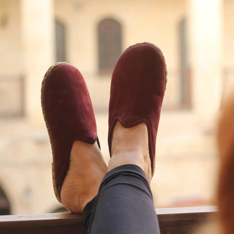 handmade burgundy closed toe nubuck slippers women