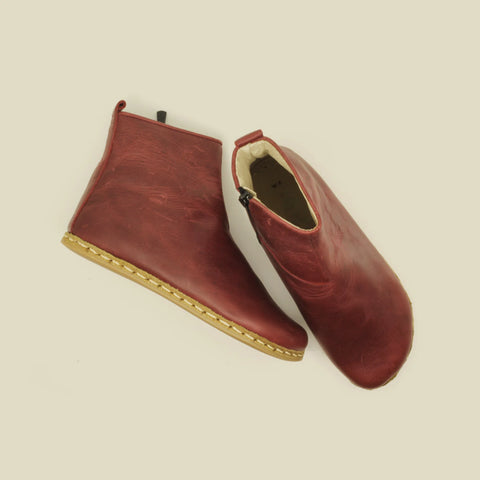 handmade burgundy zipper barefoot boots women leather