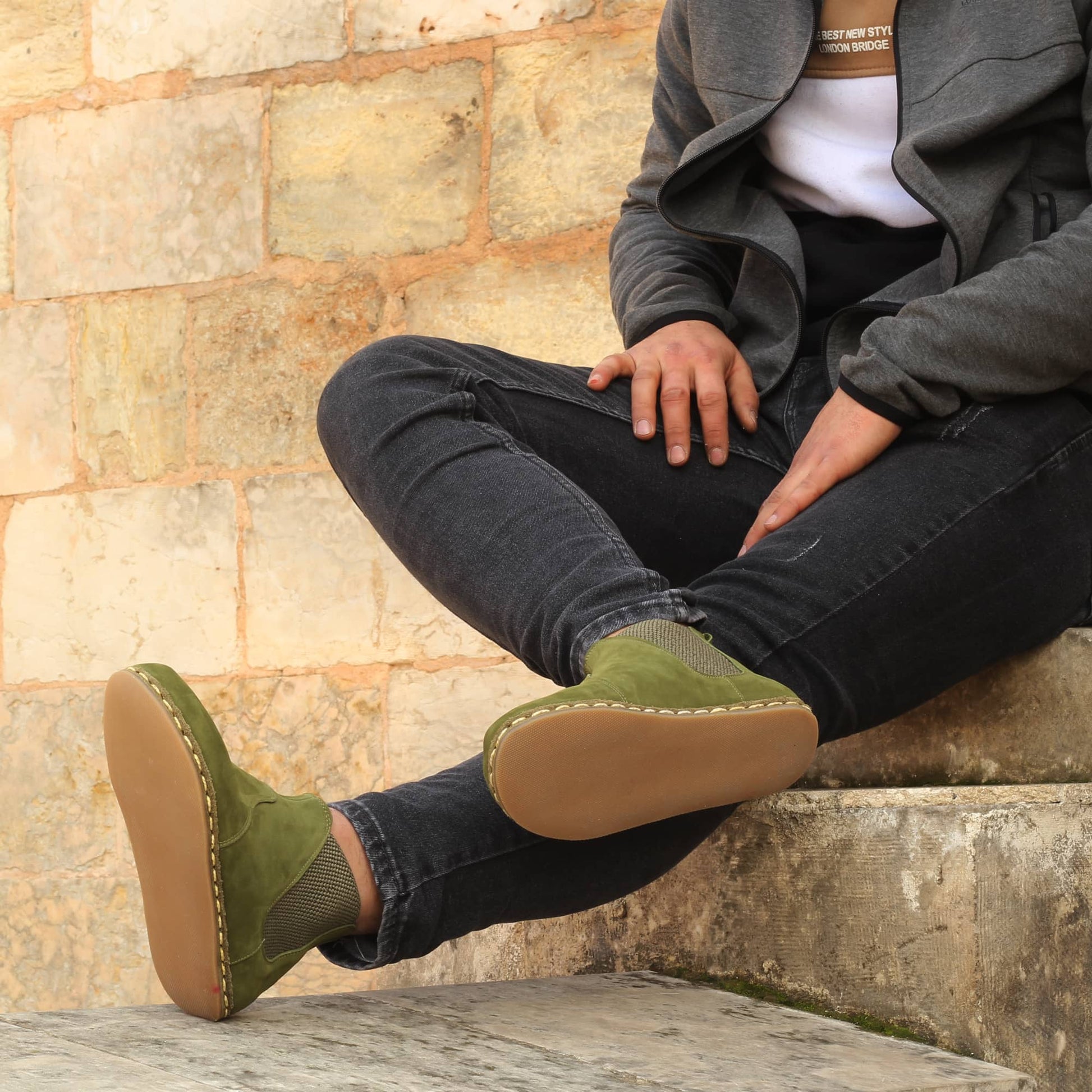 handmade mens nubuck green chelsea barefoot leather boots