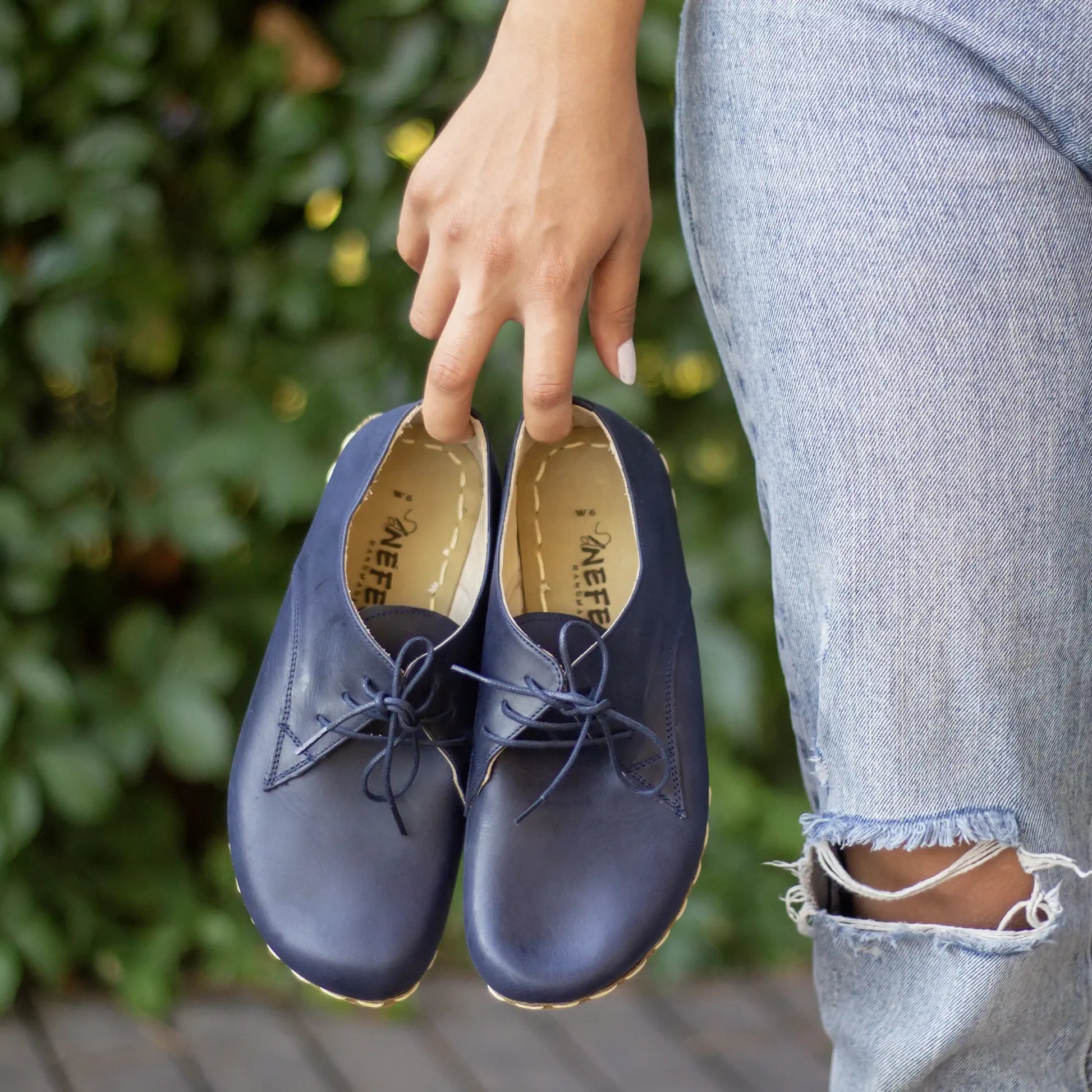 handmade navy blue leather barefoot shoes for women