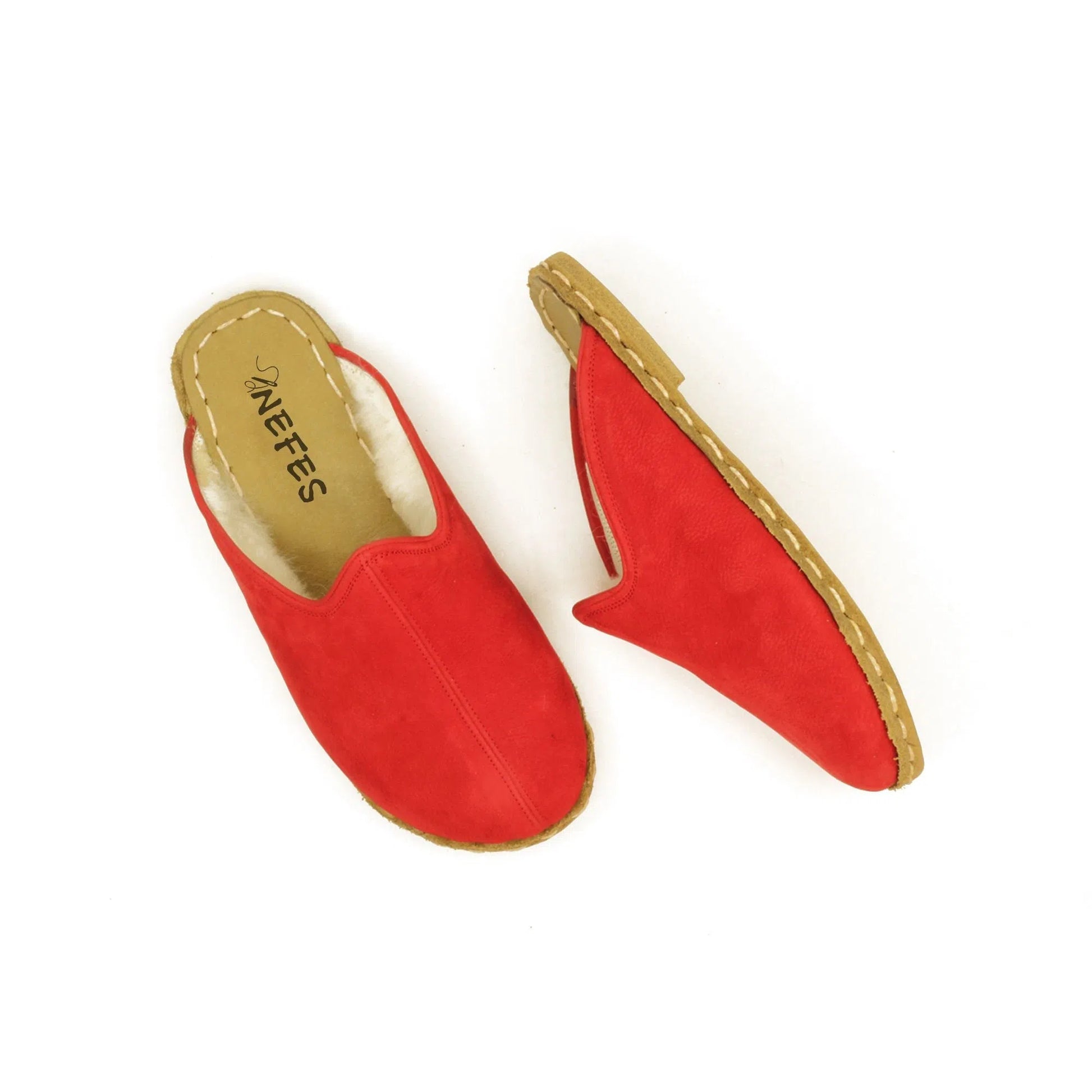 handmade red sheepskin barefoot slippers for winter