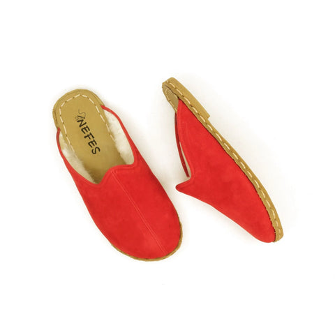 handmade red sheepskin barefoot slippers for winter