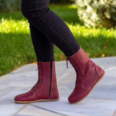handmade womens barefoot lace up burgundy leather boots