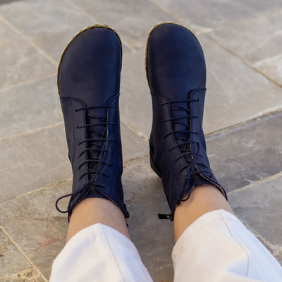 handmade womens barefoot lace up navy blue leather boots