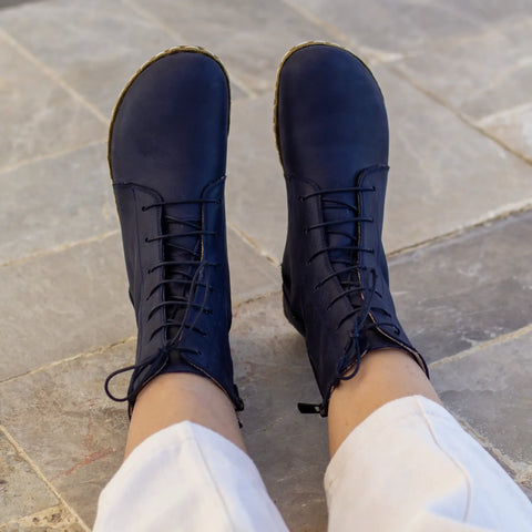 handmade womens barefoot lace up navy blue leather boots