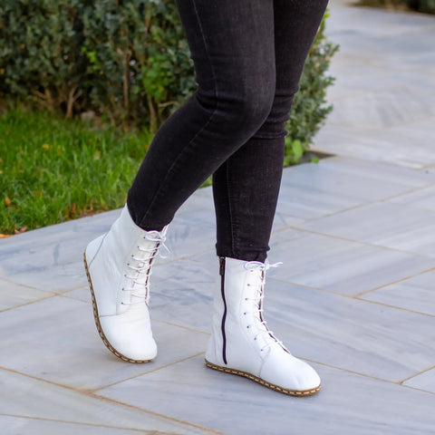 handmade womens barefoot lace up white leather boots