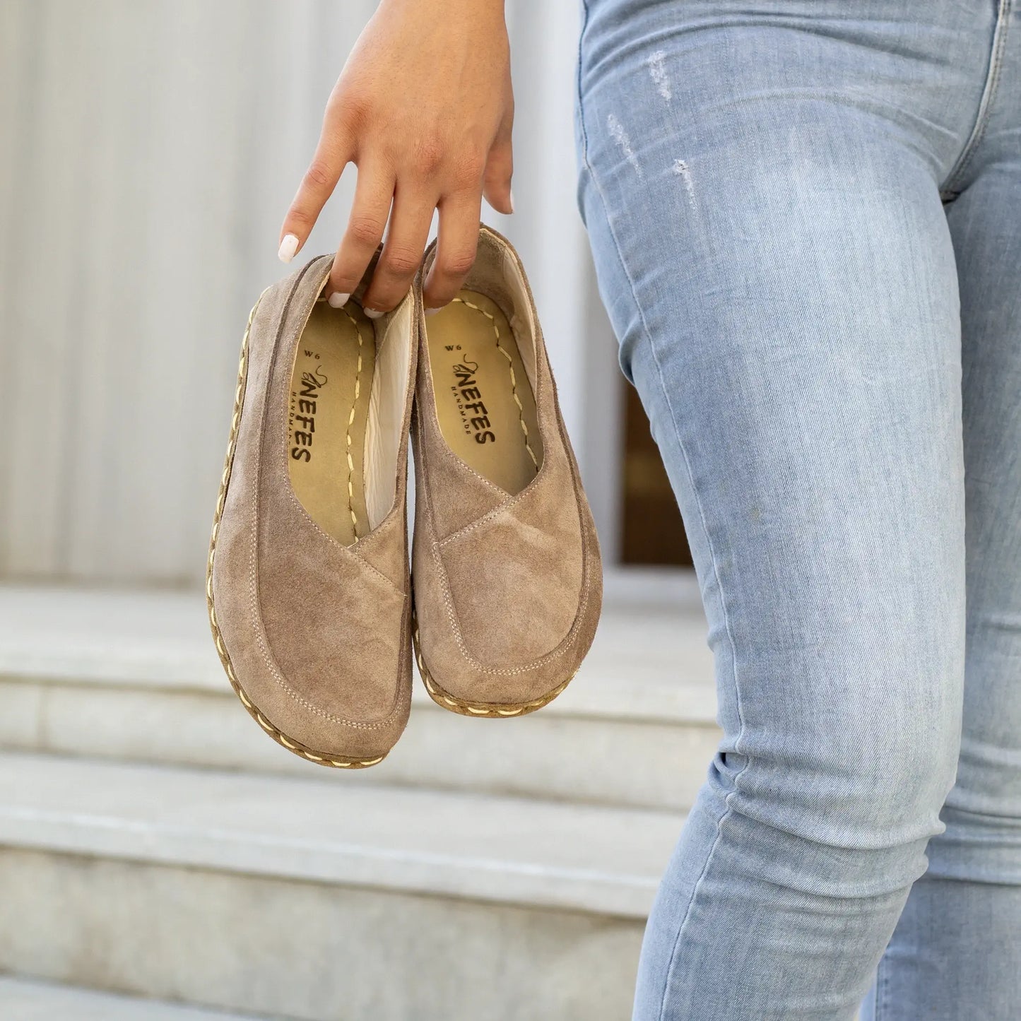 handmade womens barefoot loafers suede milky brown