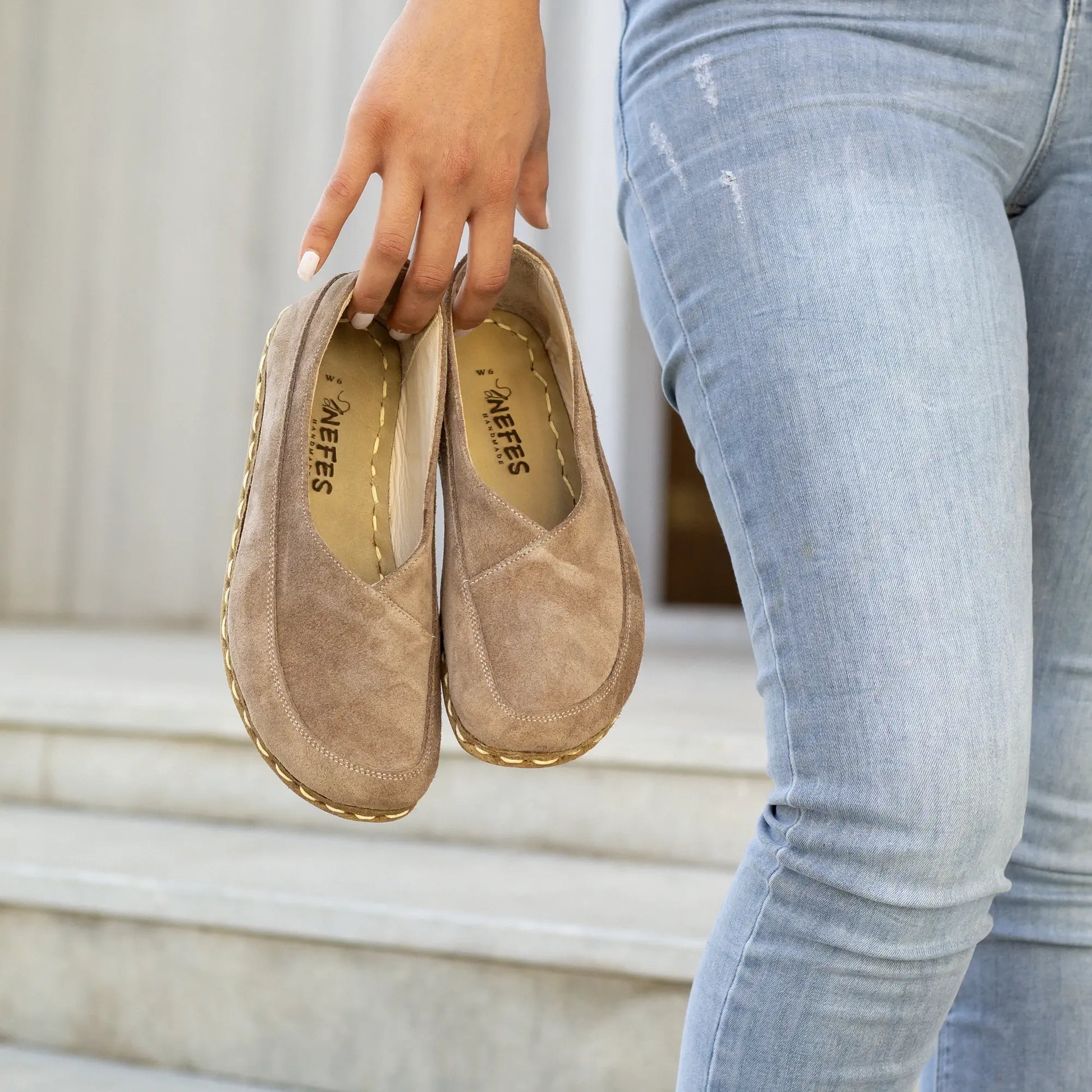 handmade womens barefoot loafers suede milky brown