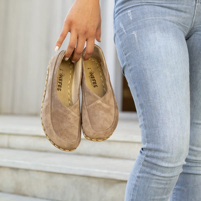 handmade womens barefoot loafers suede milky brown