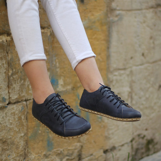 Handmade Women's Navy Blue Leather Barefoot Sneakers-women sneakers-Nefes Shoes-4-Nefes Shoes