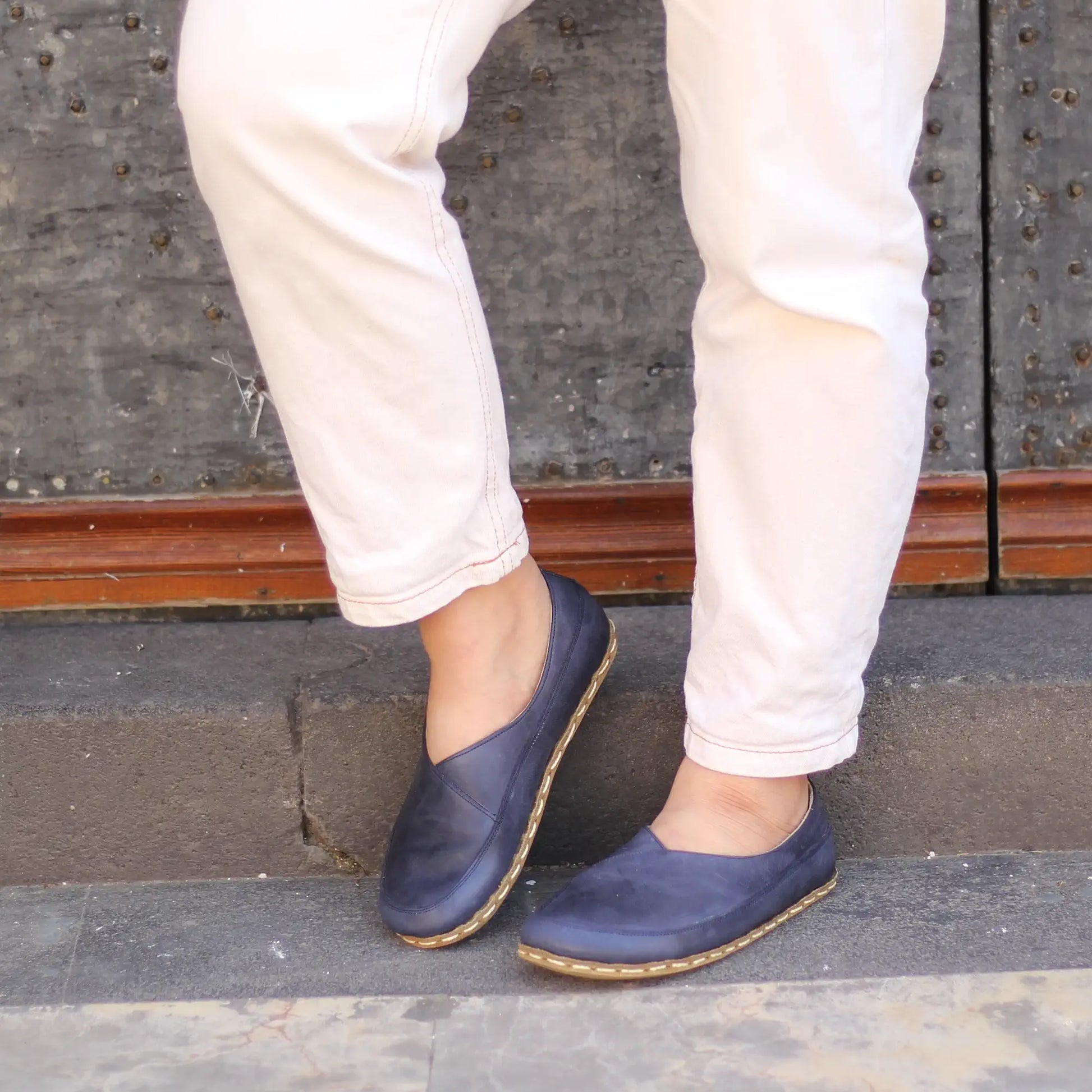 handmade womens stylish barefoot loafers navy blue