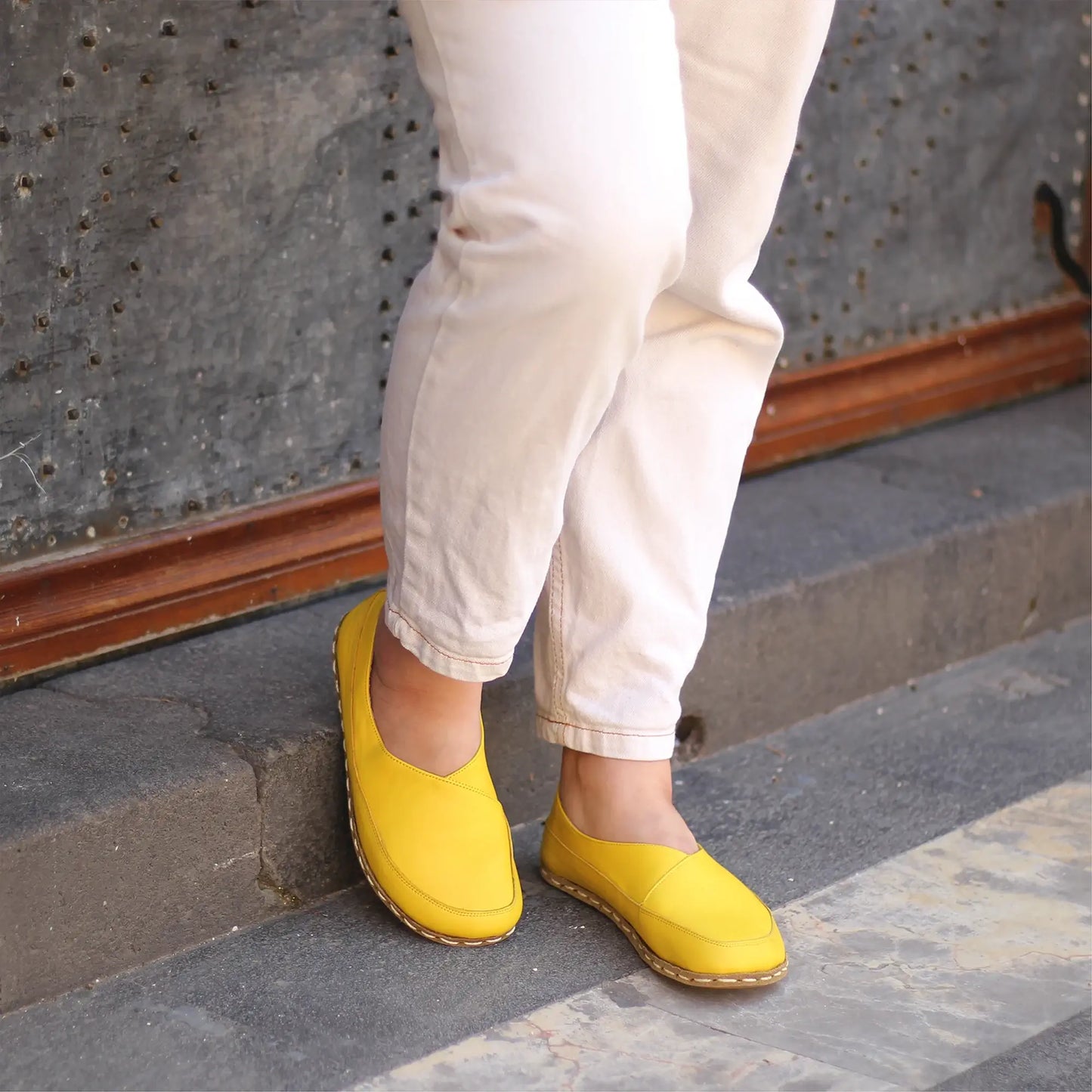 handmade womens stylish barefoot loafers yellow