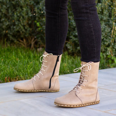 lace up barefoot cream leather boots for women