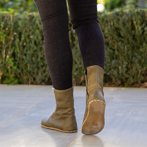 lace up barefoot olive green leather boots for women