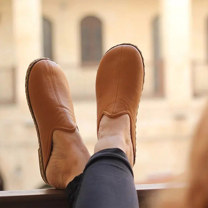 light brown closed toe leather mens slippers