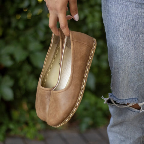 matte brown leather barefoot flat shoes women