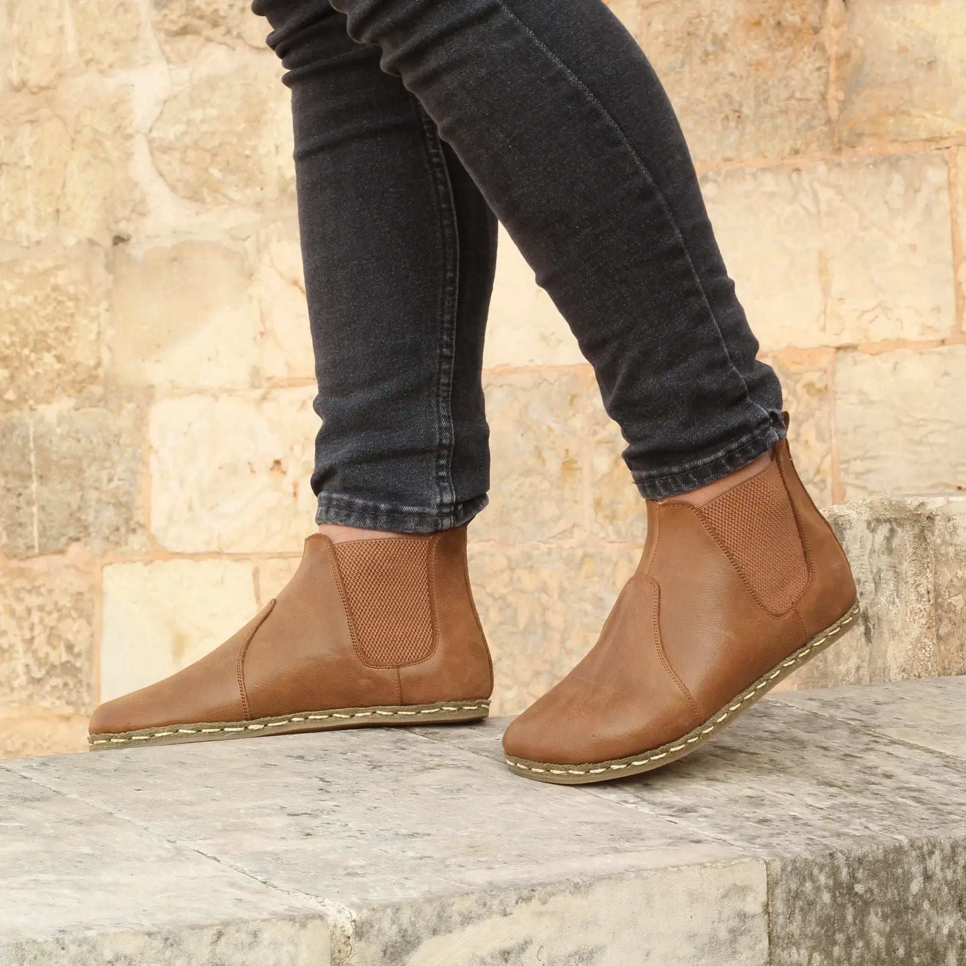 matte brown leather chelsea barefoot boots handmade mens
