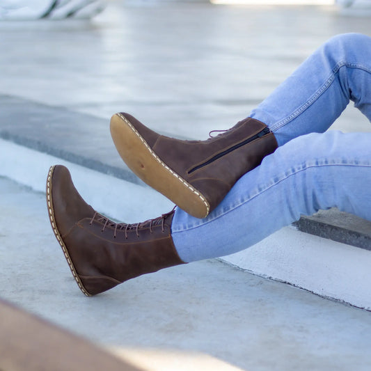mens barefoot brown leather lace up boots