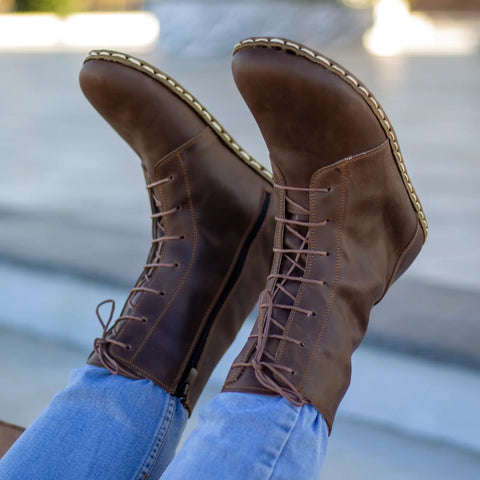 mens barefoot lace up brown leather boots