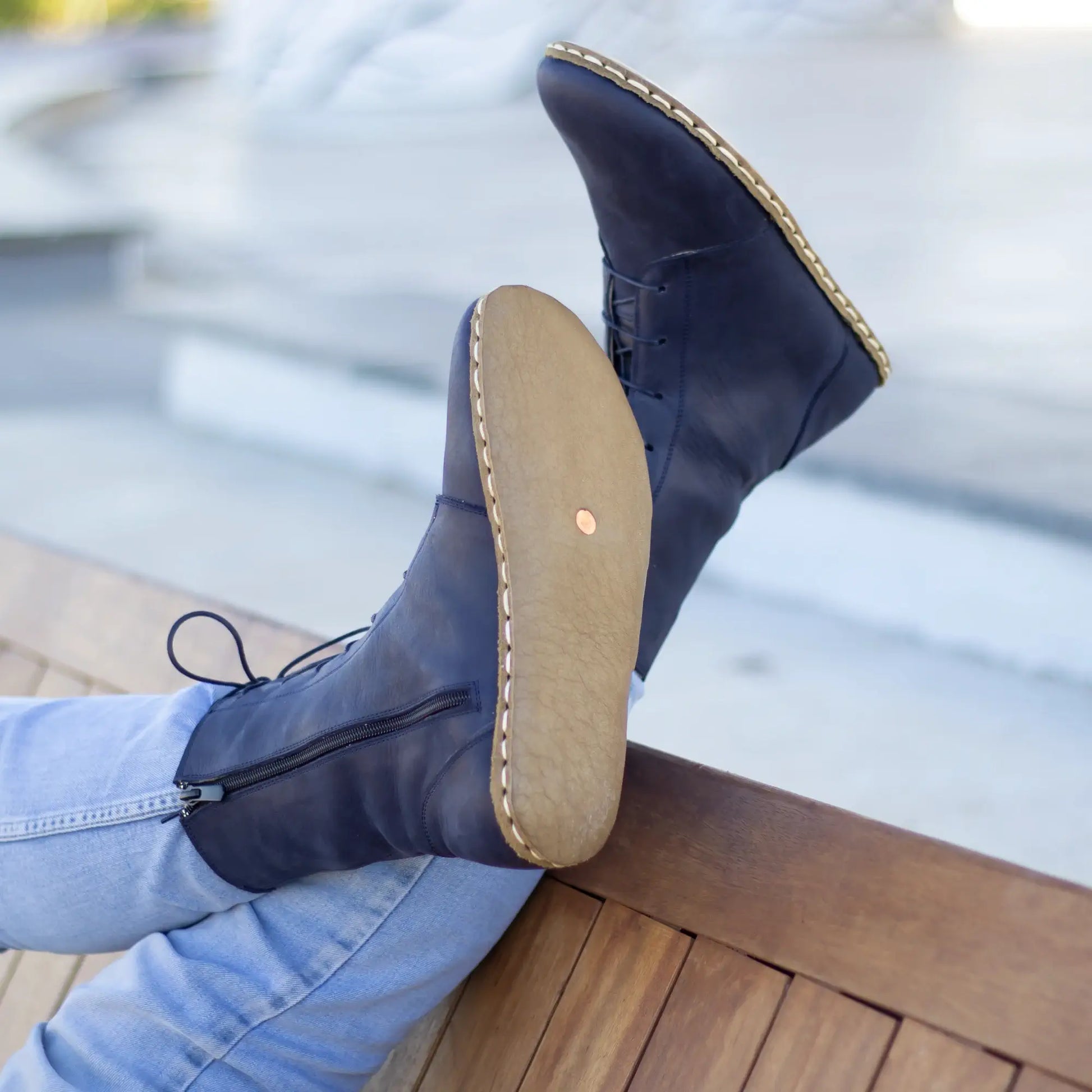 mens barefoot lace up navy blue leather boots