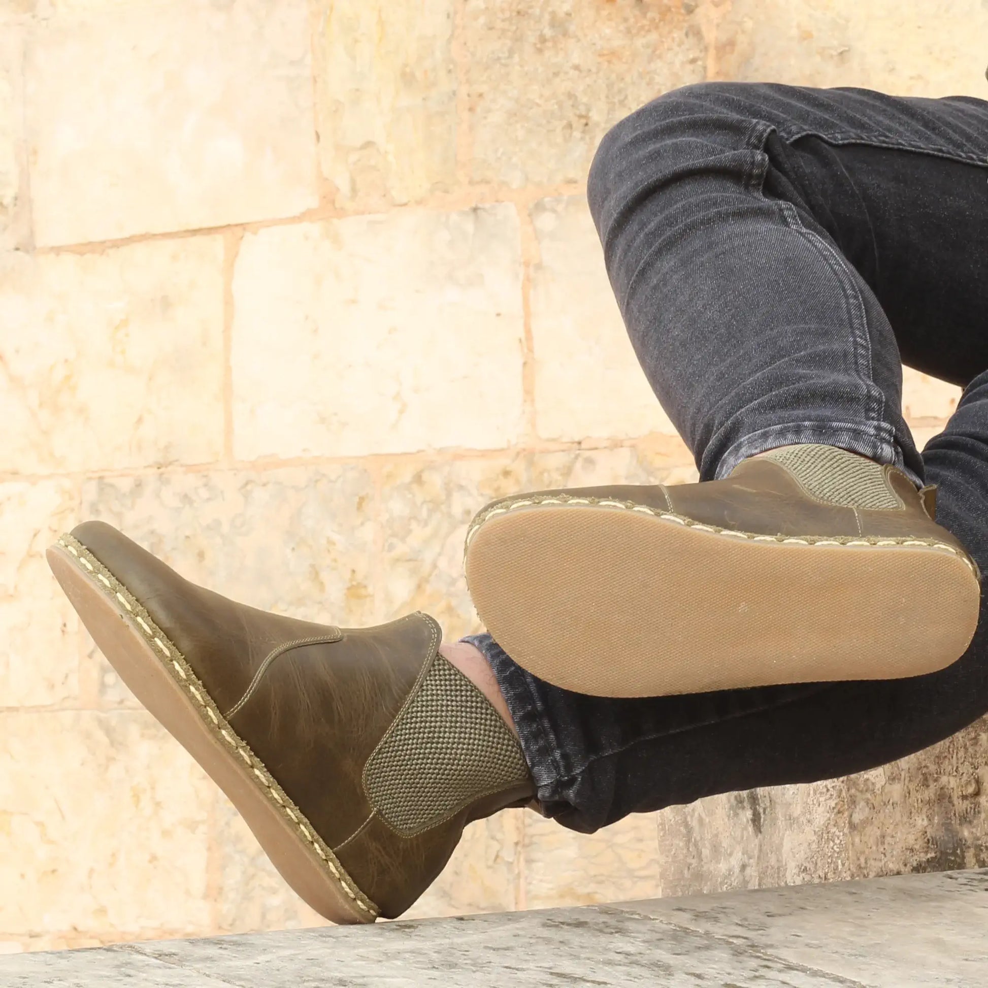 mens grounding military green handmade chelsea barefoot boots