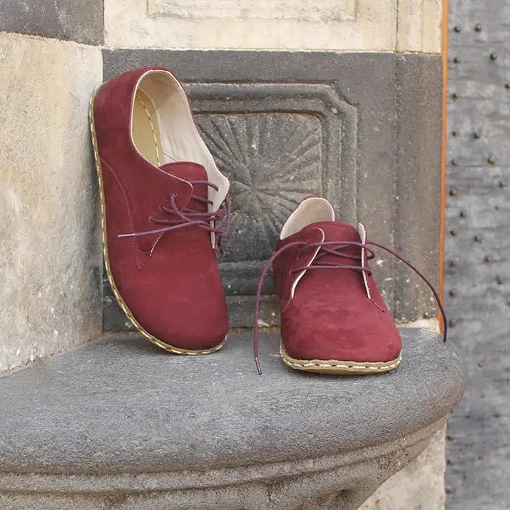 mens lace-up barefoot nubuck burgundy shoes