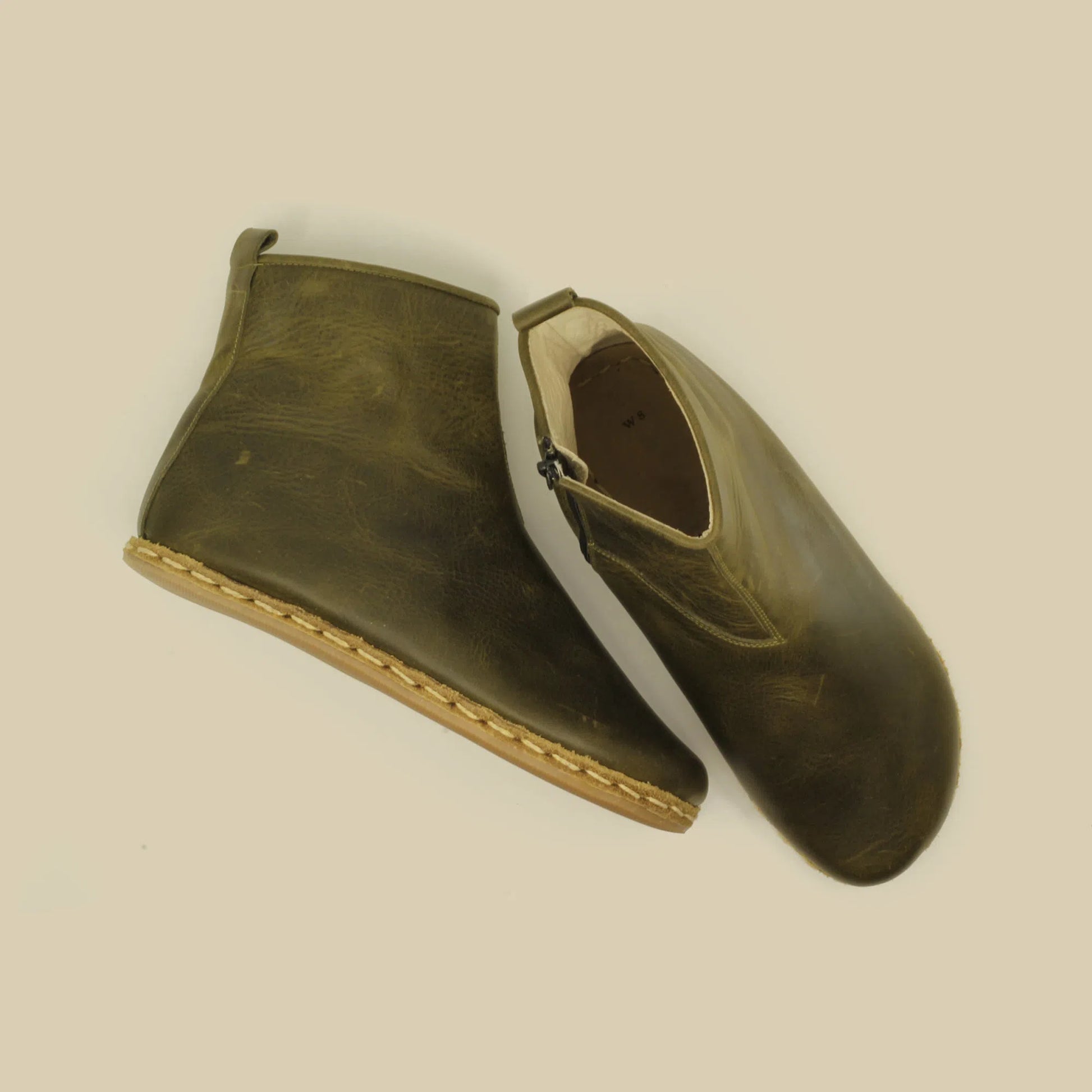 mens olive green barefoot boots with zipper leather