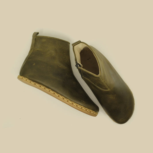 mens olive green barefoot boots with zipper leather