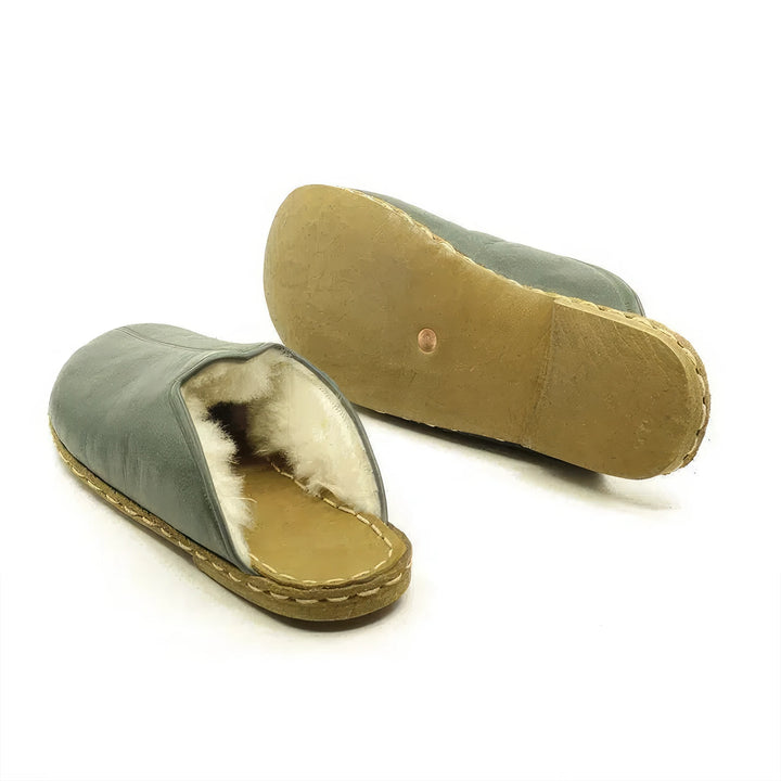 mens warm house slippers green genuine sheepskin