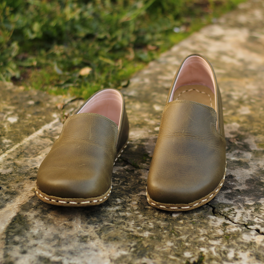 Military Green Leather Handmade Barefoot Men's Loafer Shoes-Men Barefoot Shoes Modern-nefesshoes-3-Nefes Shoes