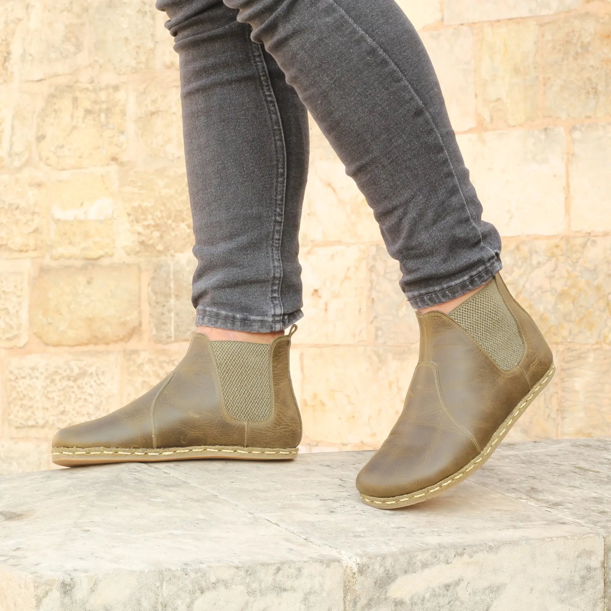 military green minimalist chelsea barefoot boots handmade men
