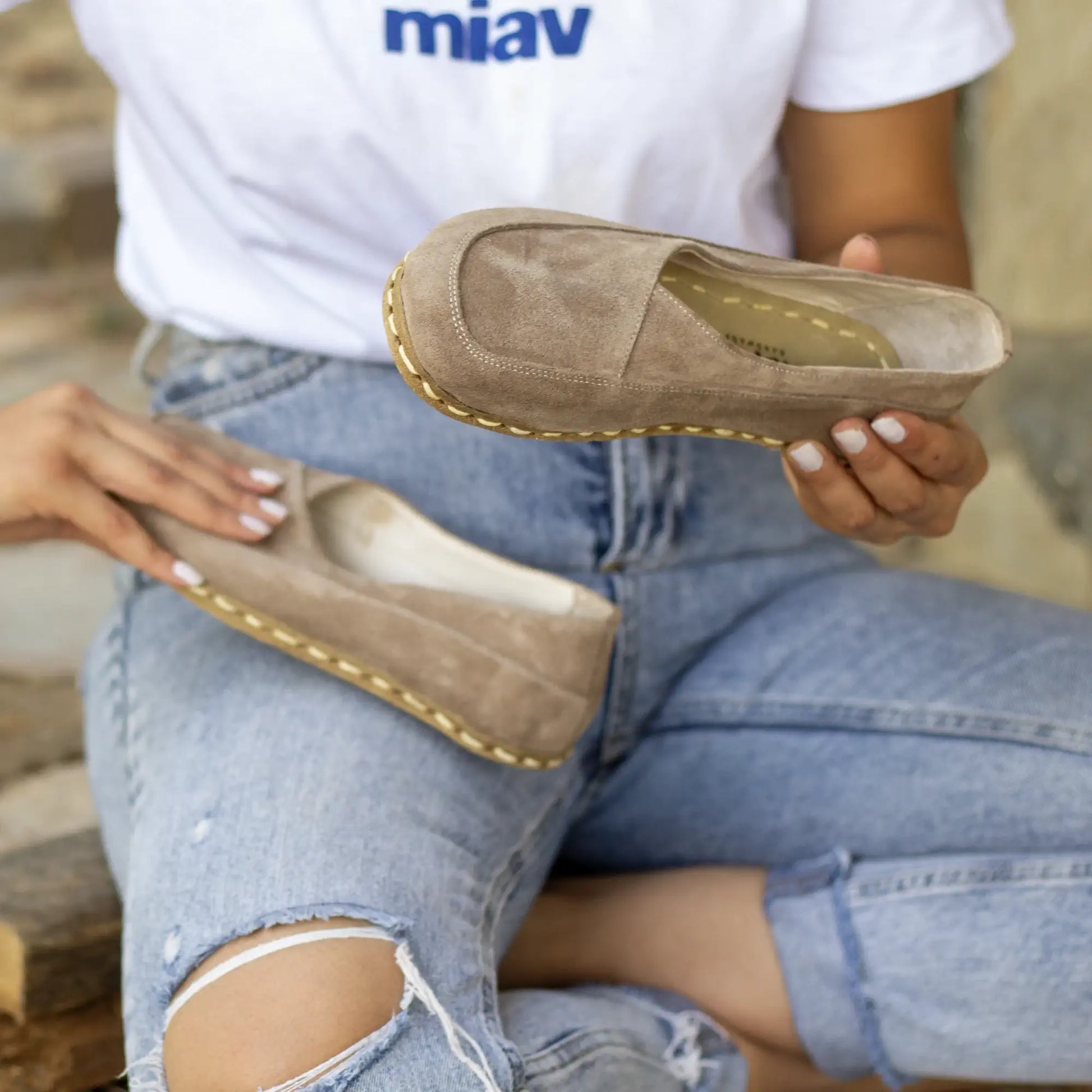 milky brown suede barefoot loafers handmade for women