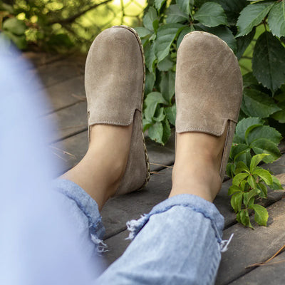 milky brown suede barefoot minimalist shoes womens