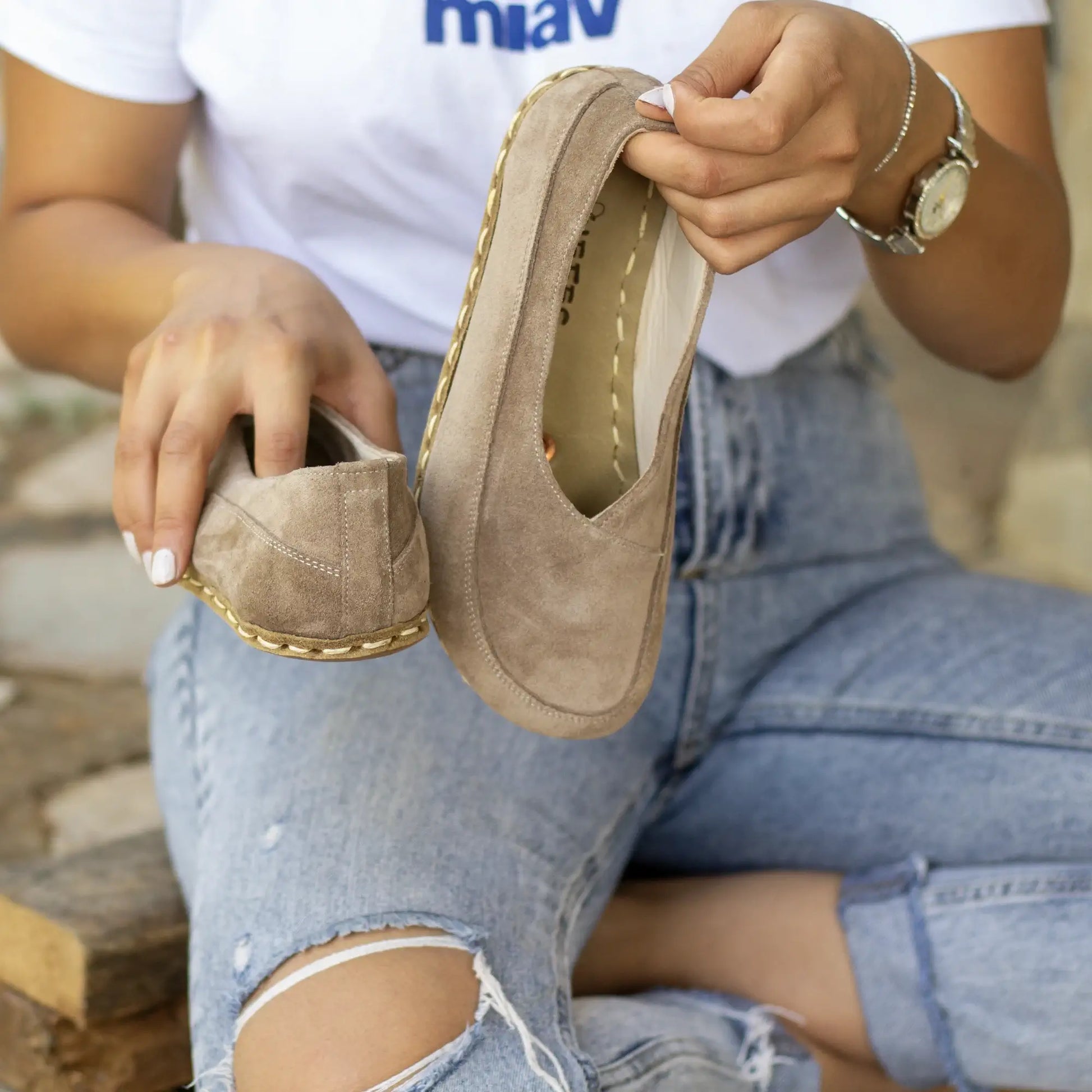 milky brown suede handmade loafers barefoot style women
