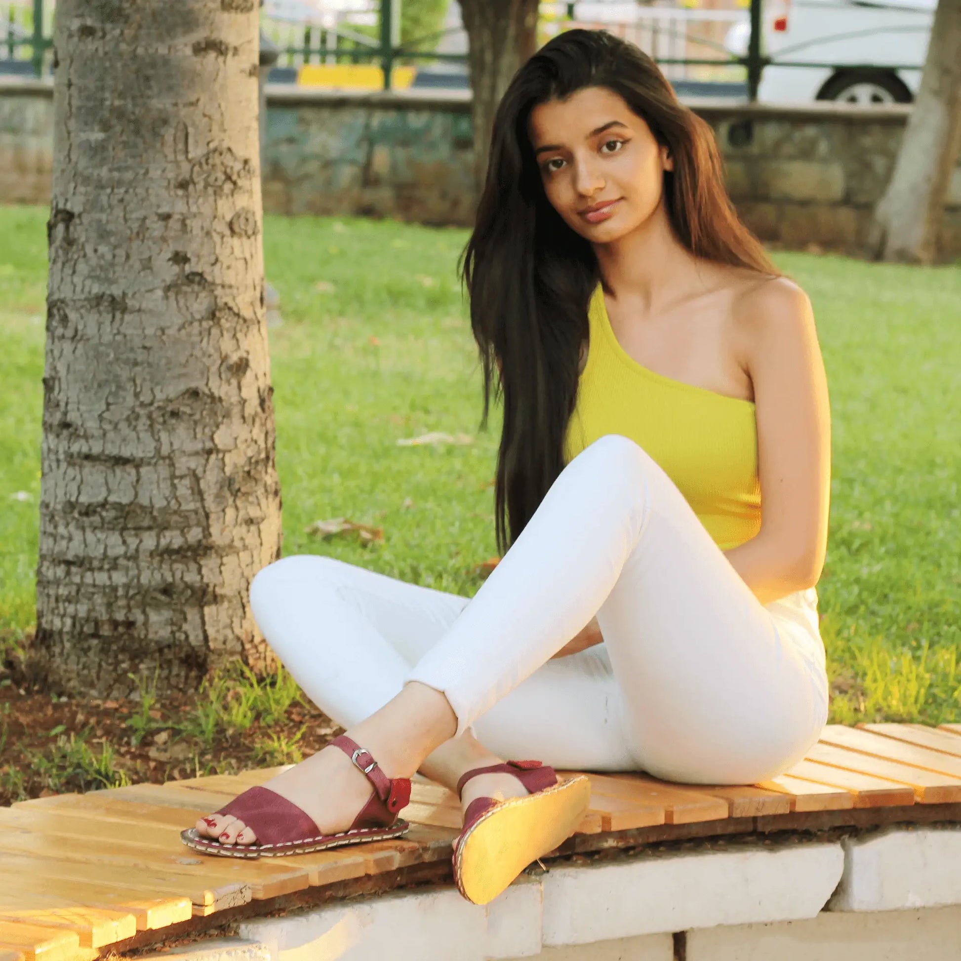 minimalist band womens burgundy leather barefoot huarache sandals