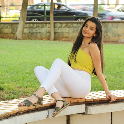 minimalist band womens olive green leather barefoot huarache sandals