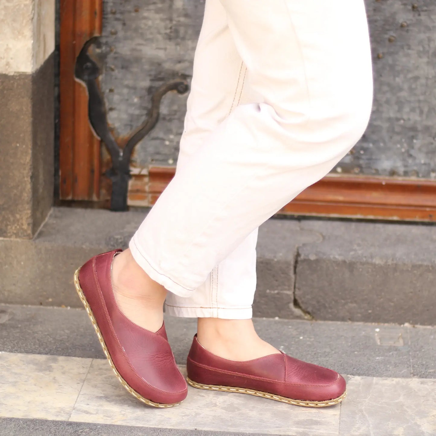 minimalist handmade barefoot loafers women burgundy