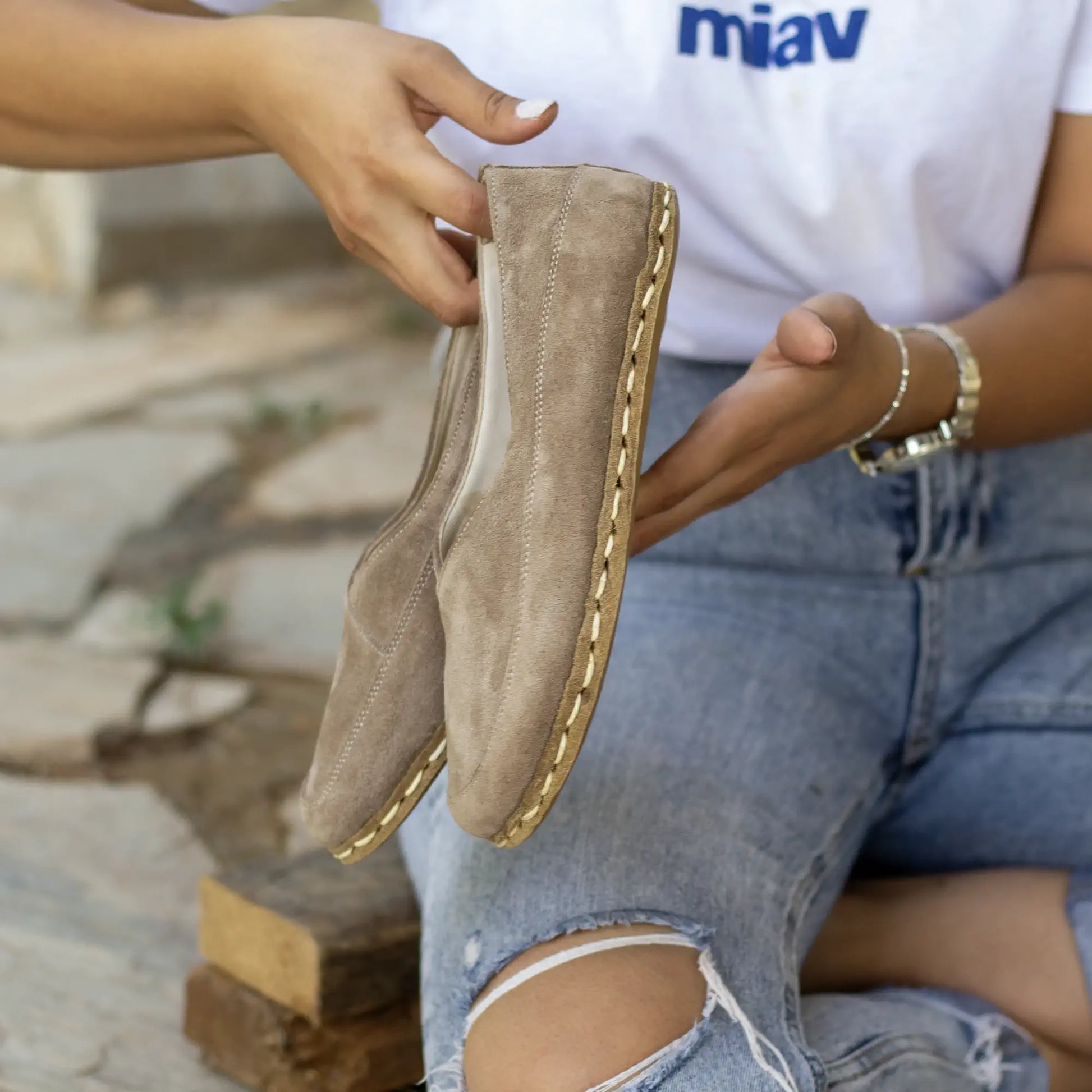 minimalist style barefoot loafers women milky brown suede