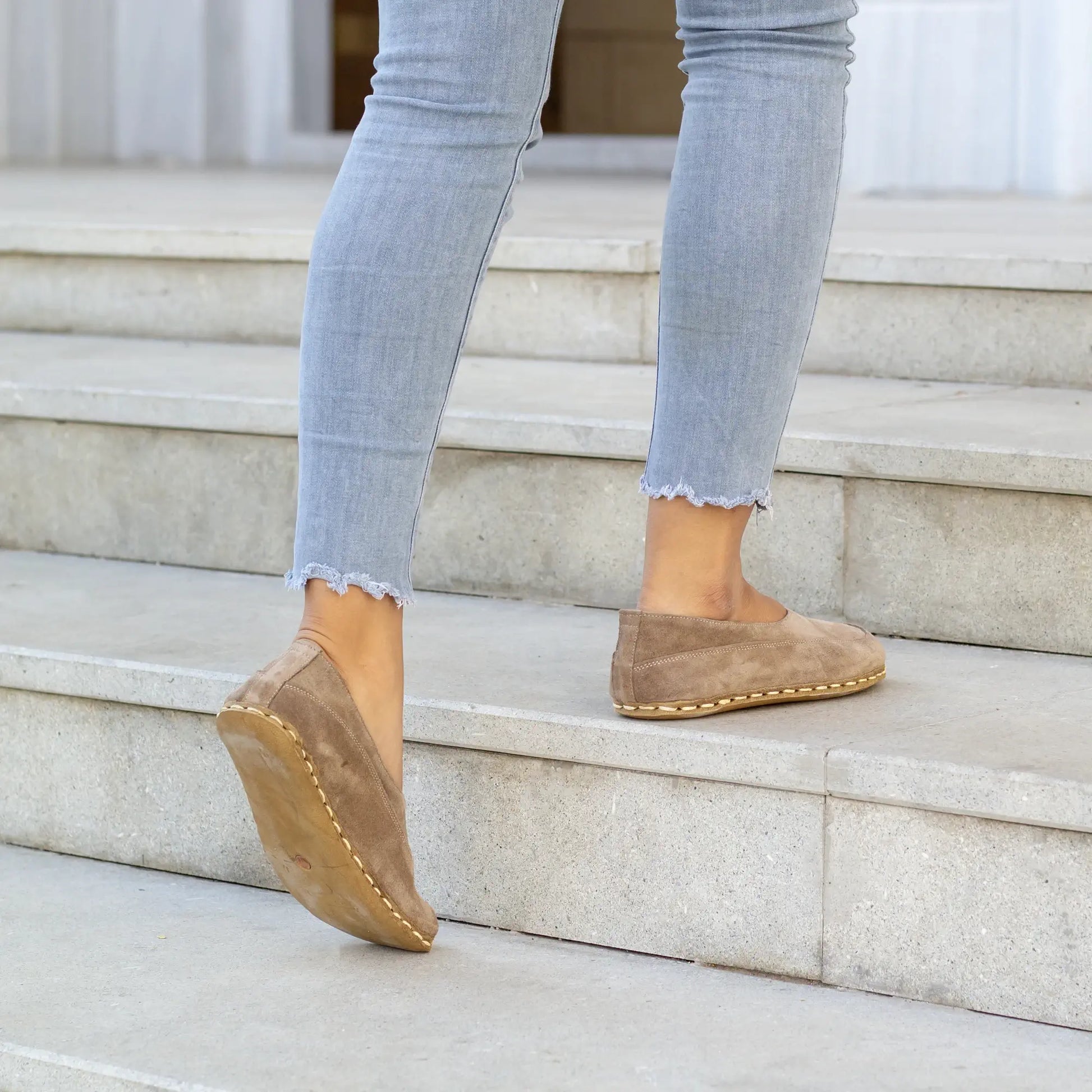 natural grounding barefoot loafers milky brown suede women