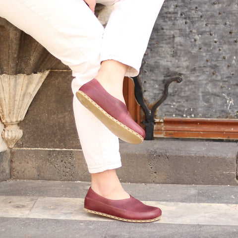 natural handmade barefoot loafers for women burgundy