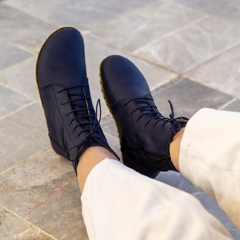 navy blue barefoot lace up leather boots for women