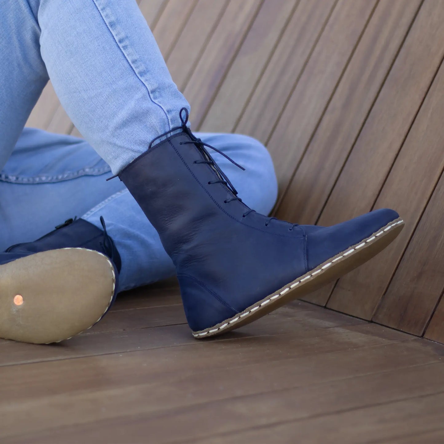 navy blue barefoot leather lace up boots for men