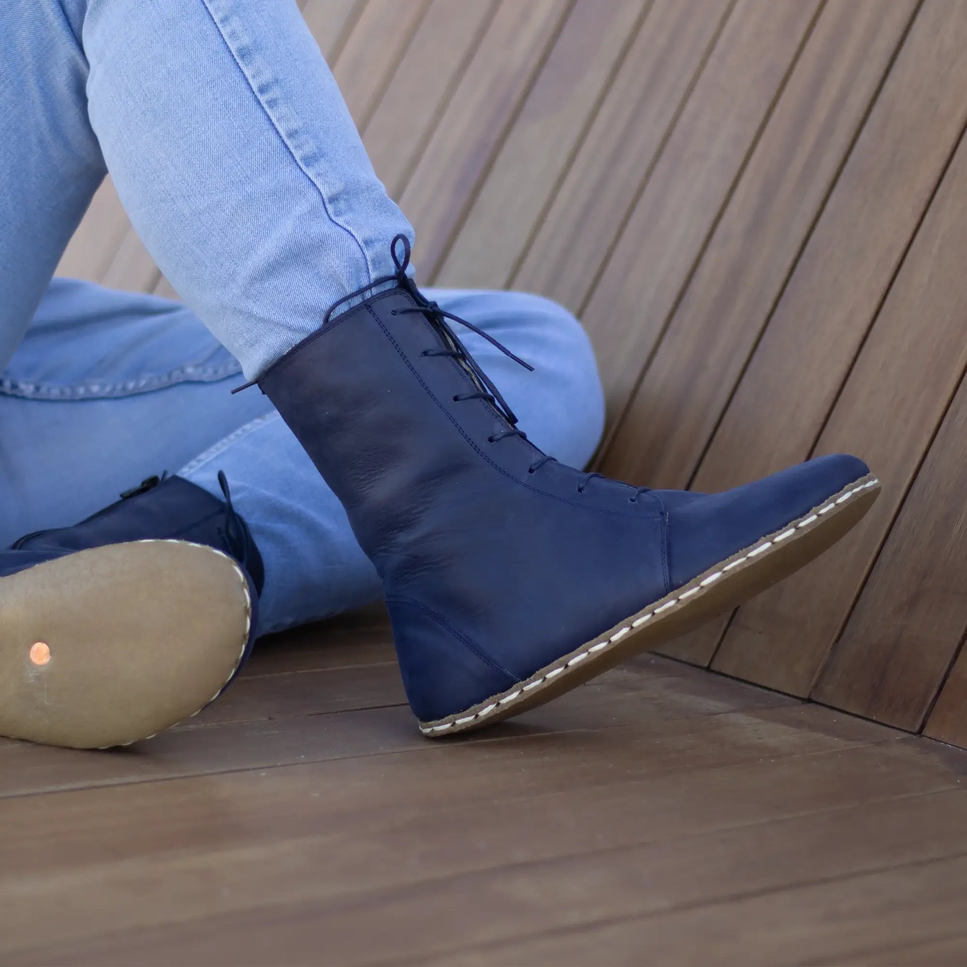 navy blue barefoot leather lace up boots for men